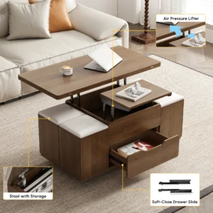 39" Lift-Top Foldable Walnut Coffee Table with 4 Stools & Storage