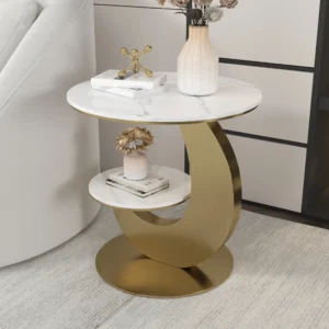 20" Round Sintered Stone 2-Tier Gold Moon-Shaped Side Table