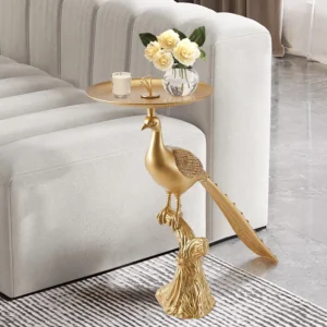 Peacock Figurine Art Deco Gold Side Table with Tray Top