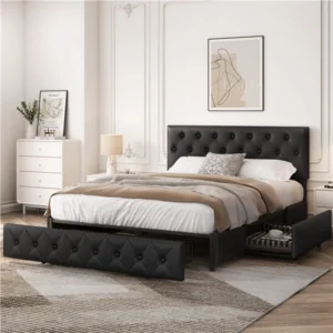 Upholstered Bed Frame with Adjustable Headboard and Three Drawers Storage