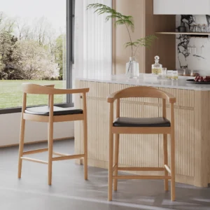 Acurv Modern Walnut Solid Wood Counter Stool with Black Faux Leather Upholstery