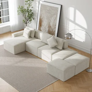 138" 6-Piece Cotton & Linen Modular Chaise Sectional Sofa with Ottomans