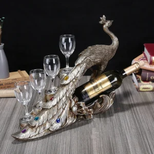 Modern Peacock Wine Glass Rack Tabletop Wine Bottle Holder in Antique Silver