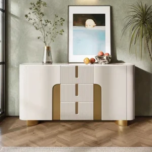 Artus Modern White 59"W Sintered Stone Sideboard 3 Drawers Kitchen Buffet Table