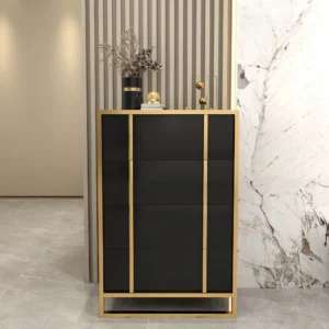 Rimh Modern Black & Gold Wooden Chest of 4 Drawers with Stainless Steel Legs