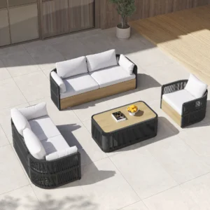 4-Pieces Modern Aluminum & Rope Outdoor Swivel Sofa Set with Coffee Table in Black for 6