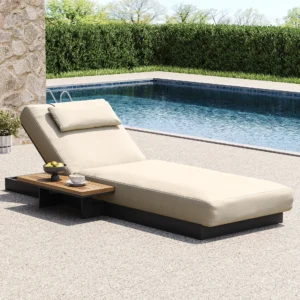 Axis Teak & Aluminum Outdoor Lounger Chair Patio Furniture in Beige Cushion with Pillow