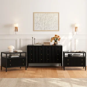 Stria Black Fluted 6-Drawer Dresser & 2 Wide Nightstands Set