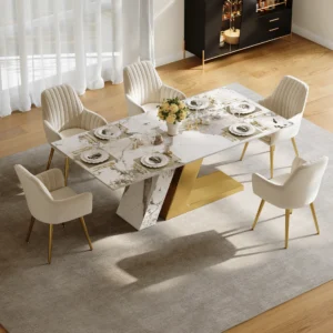 Dining Set 71" Modern Rectangle Sintered Stone Dining Table Gold with 6 Chairs