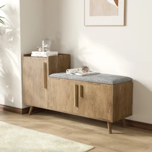 Walnut Wooden Shoe Storage Bench with Left-Side Cabinet for Entryway (47")