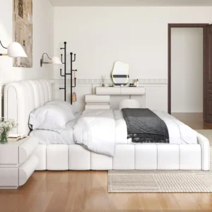 Humply White Leather Wingback King Bed Frame & Makeup Vanity Set