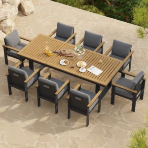 9 Pieces Rectangle Wood & Aluminum Outdoor Patio Dining Set for 8 Person