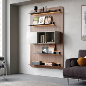 5-Tier Modern Walnut Floating Bookshelf with Storage and LED Bookcase