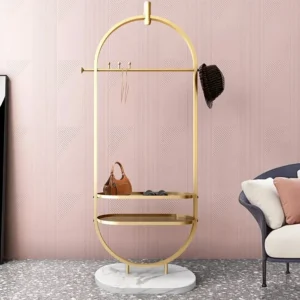 Gold Clothing Rack Oval Garment Rack with 2-Tier Shelves & Faux Marble Base