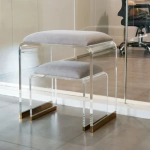 Velvet Upholstered and Acrylic Frame Makeup Vanity Stool Gray and Clear Ottoman