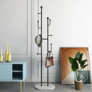 16" Modern Entryway Freestanding Coat Rack Metal 7 Hooks Marble Base in Black