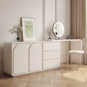 Arem Modern Off White Makeup Vanity Retracted Dressing Table Beauty Station with Drawers