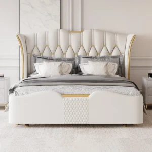 King Size Upholstered Bed Frame with Tufted Wingback Headboard
