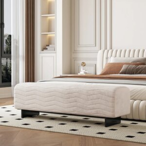 57.5"W Modern Beige Knitted Velvet Upholstered Bedroom Bench with Stainless Steel Legs