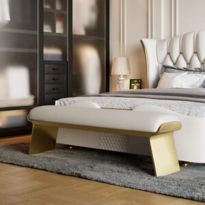 Upart Beige Modern Stainless Steel Bench Leath-Aire Upholstered Bedroom Long Bench