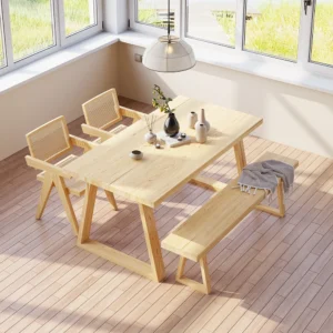 63" Japandi Farmhouse Modern Rectangle Wood Dining Table Seats 4-6 People
