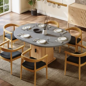 47"-63" Gray Extendable Dining Table with Fluted Base and Storage