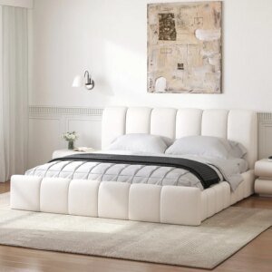 Humply Modern Leather Wingback King Bed Frame with Upholstered Headboard