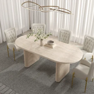 79''-95'' Oval Extendable Sintered Stone Top Dining Table Matte Travertine Seats 6-10