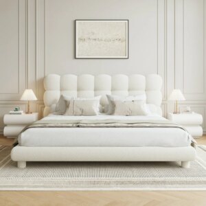 White Boucle Upholstered Platform Bubble Queen Bed Frame
