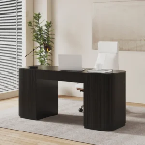 Modern Black Standing Computer Desk with 2 Doors and Storage Office Desk (59.8" )