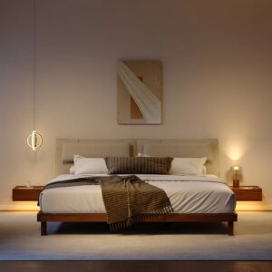 King Size Linen Bed with Floating Nightstands Bedroom Set