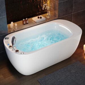 66.7" Modern Oval Jacuzzi Bathtub with LED Waterfall Pillow & Thermostatic Control
