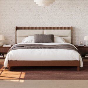 Modern Walnut Queen Size Solid Wood Bed with Boucle Headboard Pillows