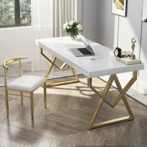 39.4" Modern White Rectangular Writing Desk with Gold Base