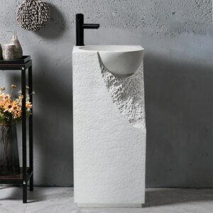34" Japandi Tall Stone Resin Pedestal Sink with Rounded Basin Freestanding in White