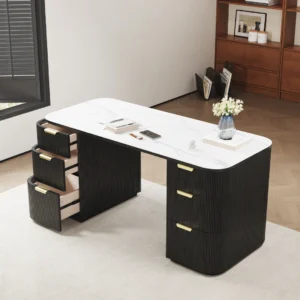 Modern Black Wood & Glossy White Sintered Stone Rectangle Desk with 6 Drawers (63.8")