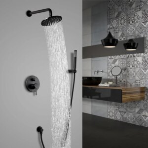 Modern 12" Black Wall Mounted Rain Shower System with Rainfall Shower Head Solid Brass