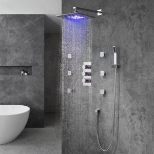 Modern LED Wall Mount 12" Rain Head with Hanshower & Body Spray Jets Shower Set in Polished Chrome Solid Brass