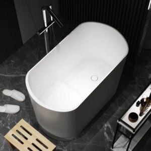 40" Japanese Modern Deep Oval Freestanding Stone Resin Soaking Bathtub White