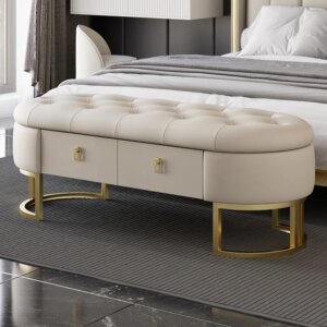 Modern Beige Bedroom Storage Tufted Bench with 2 Drawers in Leather Upholstery
