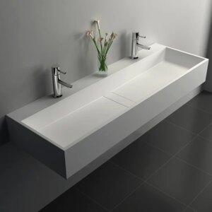 47 Inch Wall-Mount Double Sink Stone Resin Matte White Floating Trough Bathroom Sink