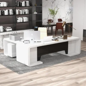 94.5" L-Shaped Modern Executive Desk of Right Hand with Drawers in White & Black