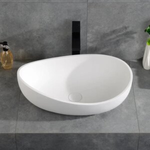 Bathroom Stone Resin Oval Vessel Sink Modern Art Sink Matte White with Pop Up Drain