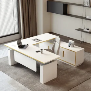 Modern White U-shaped Adjustable Height Electric Standing Desk with 2 Doors & 3 Drawers