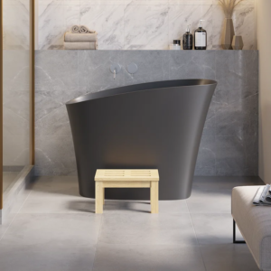 47" Japanese Modern Irregular Freestanding Stone Resin Soaking Bathtub Black