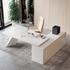 Modern White Large L-Shape Executive Desk & Swivel Chair Set (70.9'')