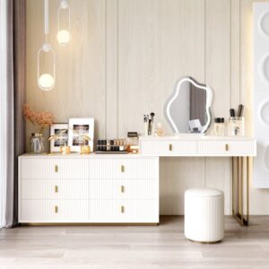 Modern White Makeup Vanity Set with 6-Drawer Cabinet Dressing Table with Stool & Mirror
