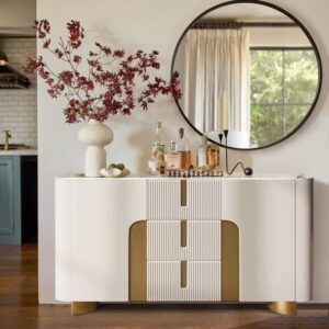 Artus Modern White 59"W Sintered Stone Sideboard 3 Drawers Kitchen Buffet Table