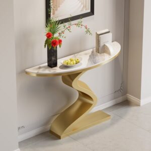 Modern 39.4" White & Gold Curved Console Table with Sintered Stone Top Half Moon Shape