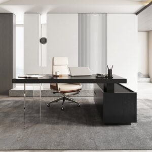 Set Modern Black L-Shape Standing Desk & Leather Office Desk Chair Set Khaki (71.5")